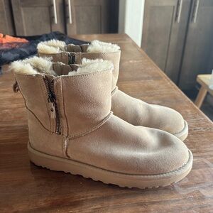 Tan Ugg double mini zip boots